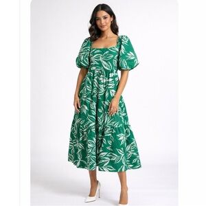 MEADOW RHODES Green Leaf Print Dress SIZE M/L